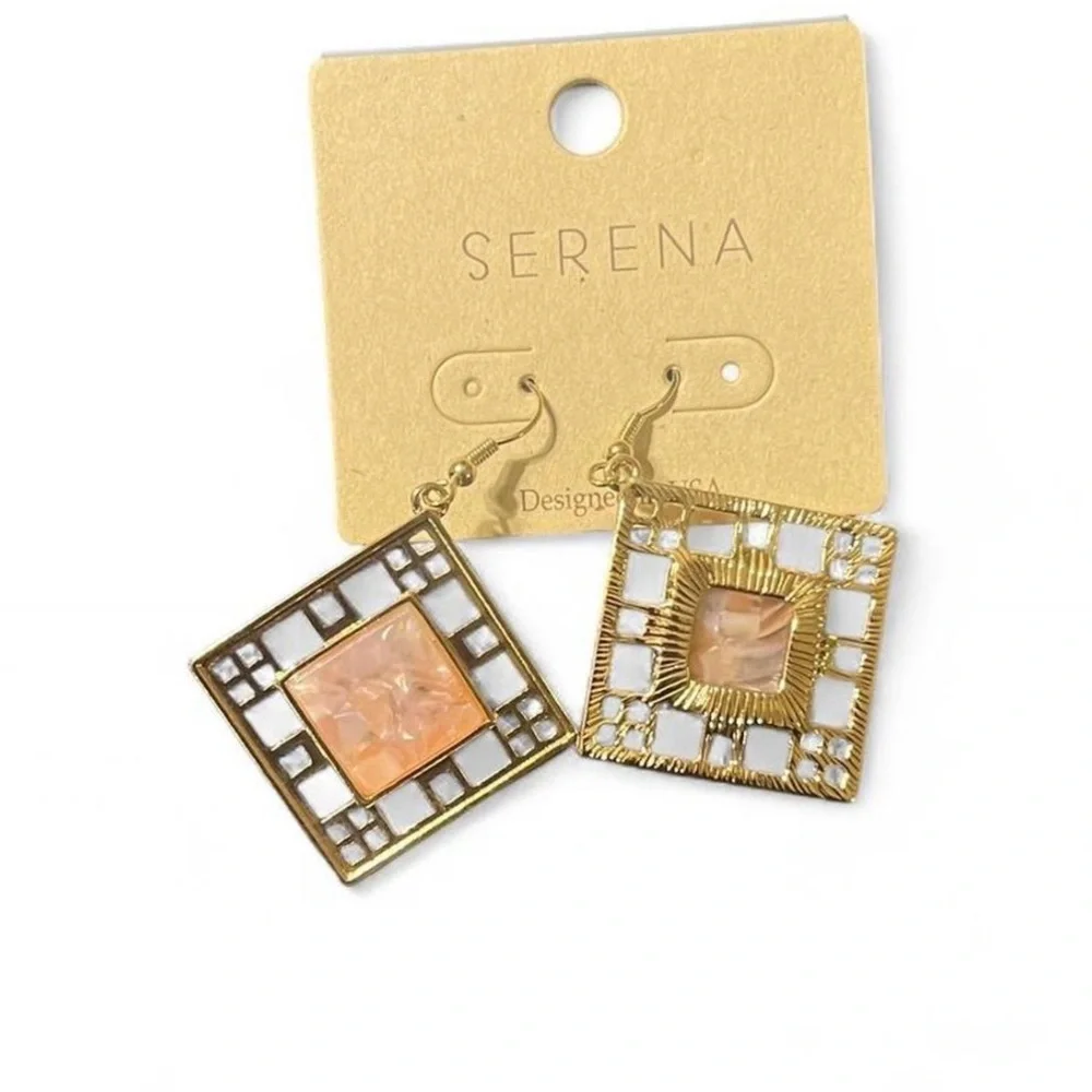 Serena Dangle Earrings Gold/Coral Square Feminine Closet Staple Special Events